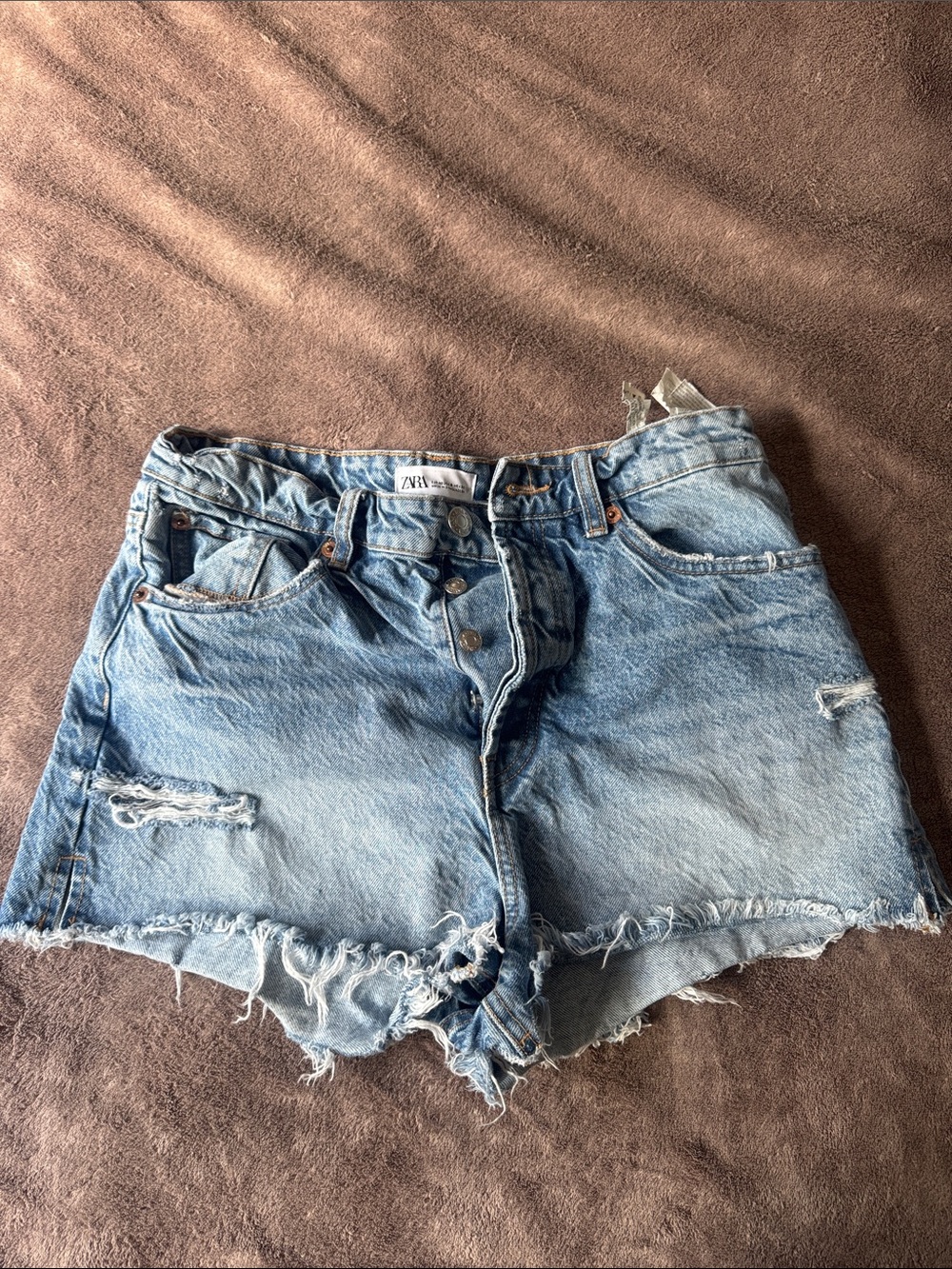 ZARA Faded Blue High-Rise Distressed Denim Shorts